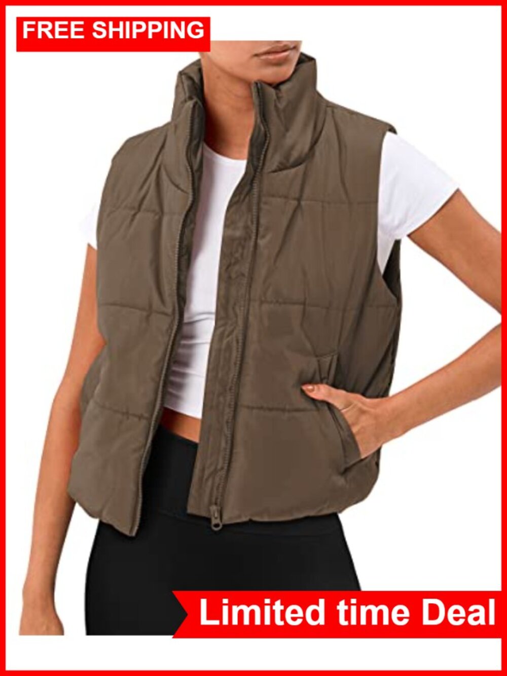 Womens Lightweight Quilted Puffer Vest Cropped Sleeveless Zip Up Fall Layer